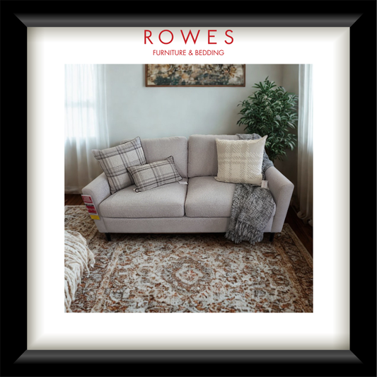 Gray sofa with decorative pillows on a patterned rug in a room with a plant and framed picture, featuring 'Rowes Furniture & Bedding' logo.