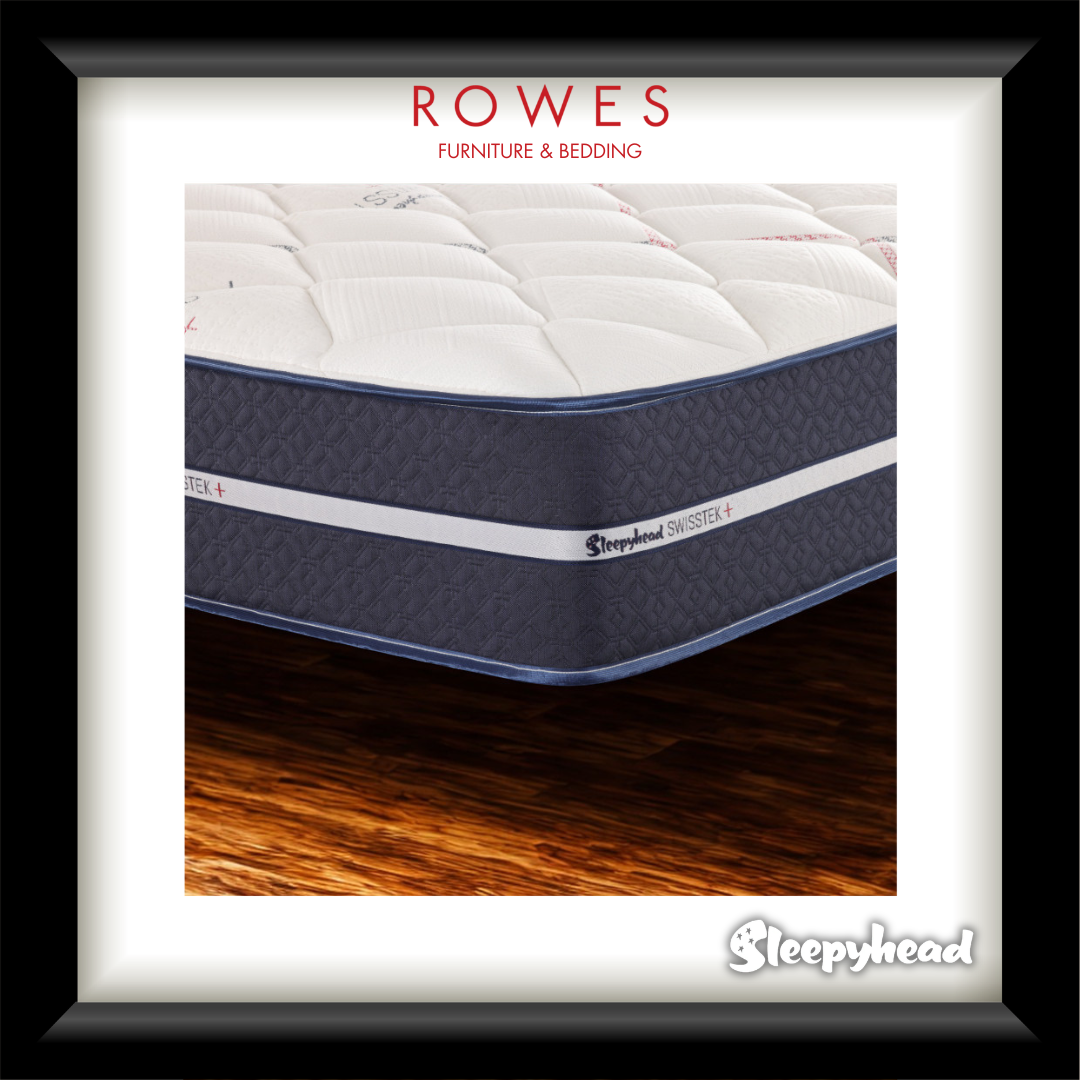 Mattress with 'Sleepyhead' branding on a wooden floor, framed by 'Rowes Furniture & Bedding'.
