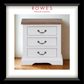 White nightstand with wooden top on a wooden floor, branded 'Rowes Furniture & Bedding'.