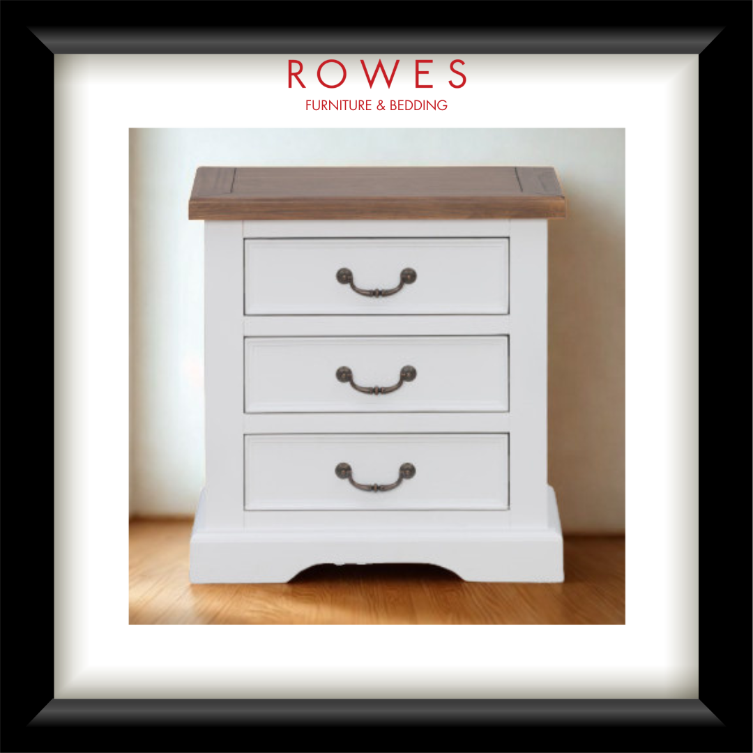 White nightstand with wooden top on a wooden floor, branded 'Rowes Furniture & Bedding'.