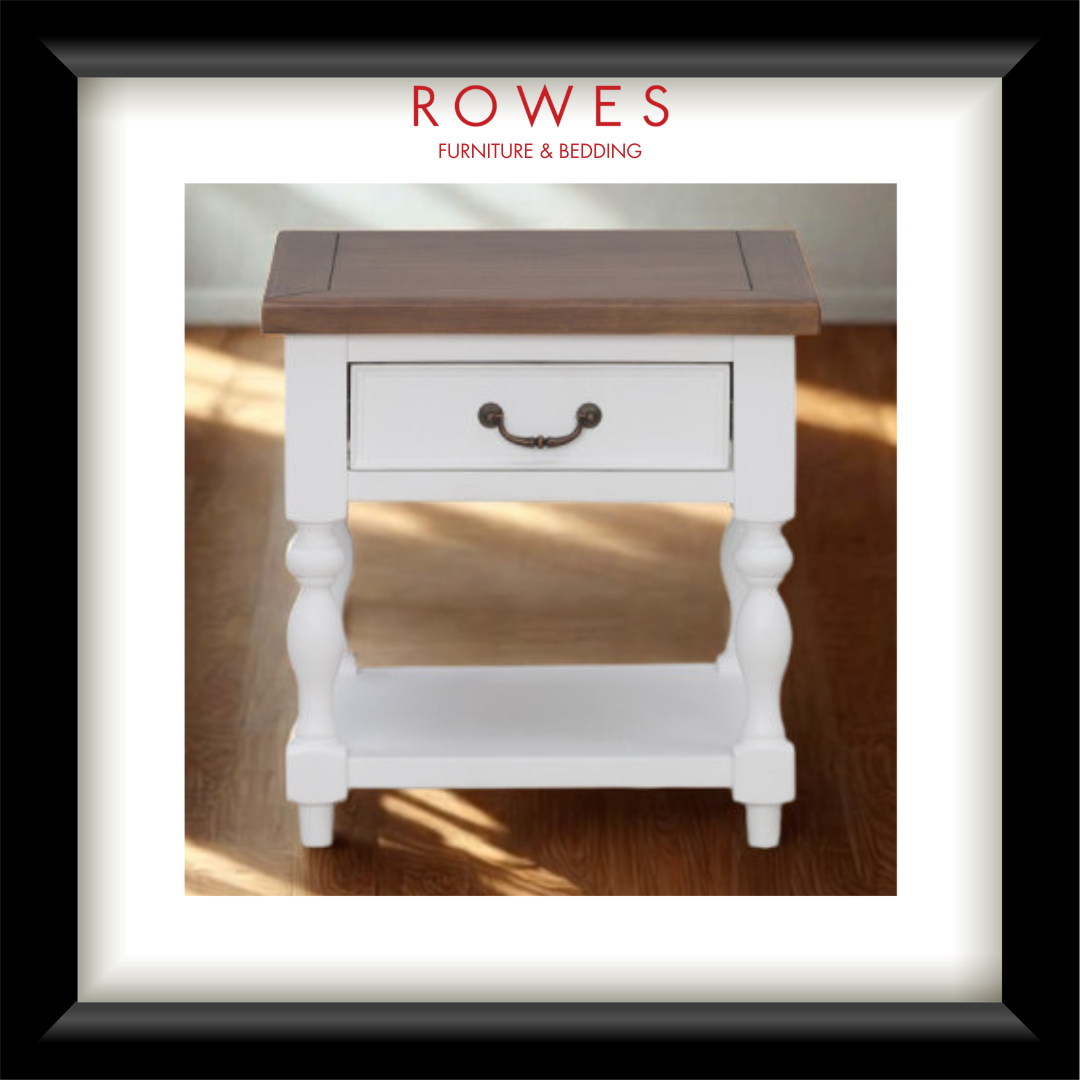 Wooden side table with white base and brown top on a wooden floor, branded 'Rowes'.