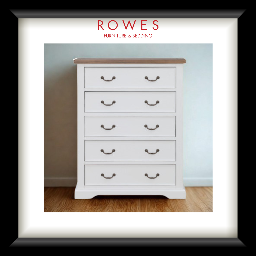 White dresser with wooden top on a light blue wall background, featuring Rowes Furniture & Bedding logo.