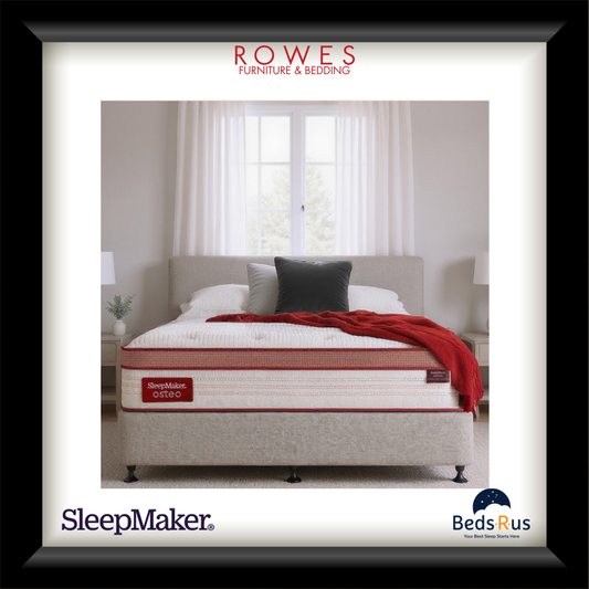 Mattress and bed with a red throw and Rowes Beds R Us branding