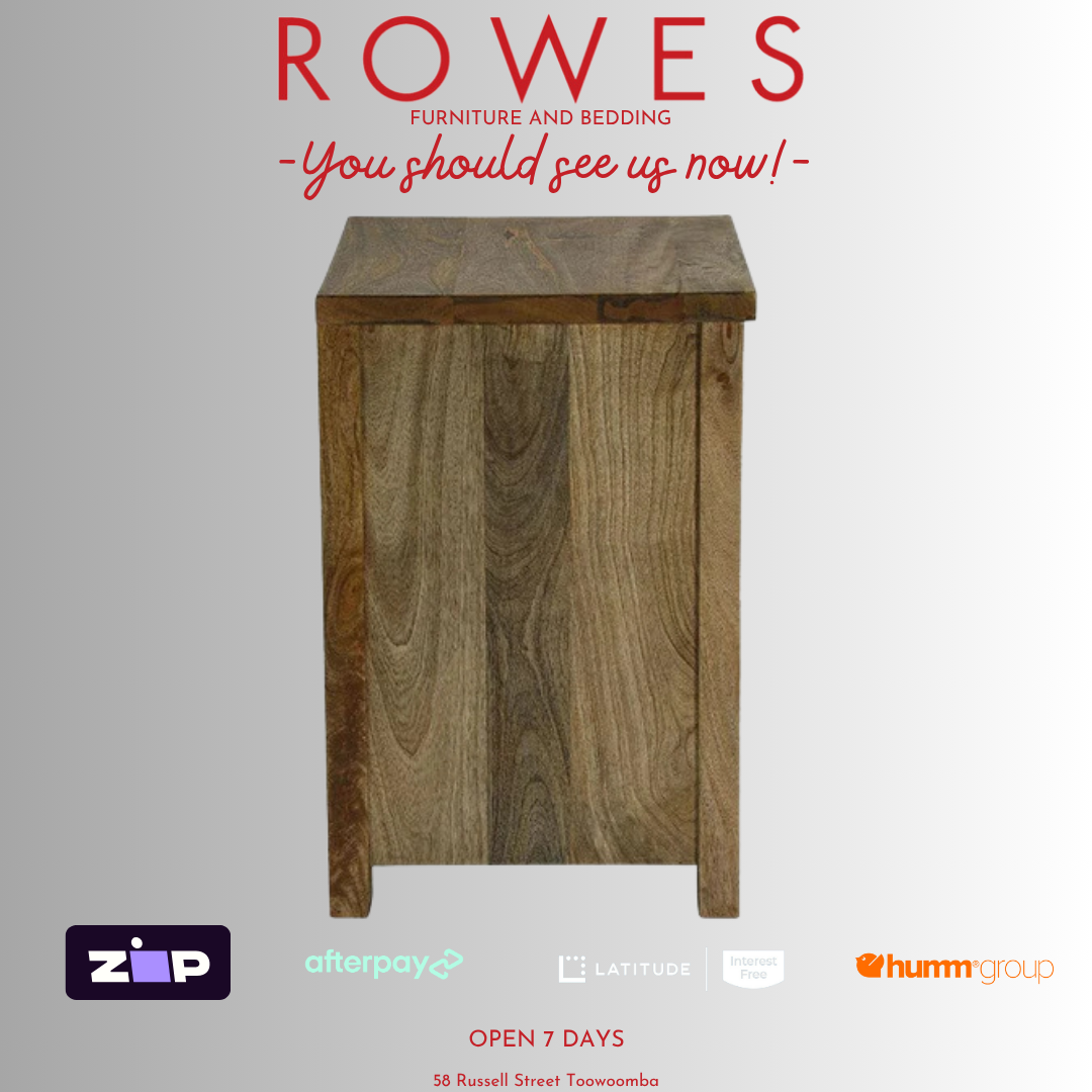Wooden side table with 'Rowes' branding and promotional text on a gray background