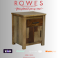 Wooden nightstand with 'Rowes Furniture and Bedding' text and logos on a gray background