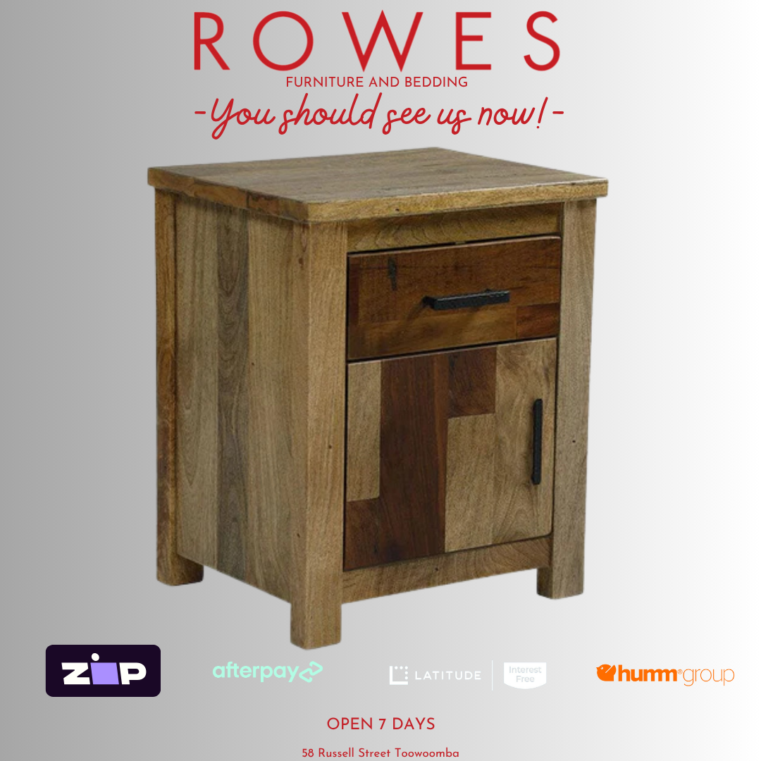 Wooden nightstand with 'Rowes Furniture and Bedding' text and logos on a gray background