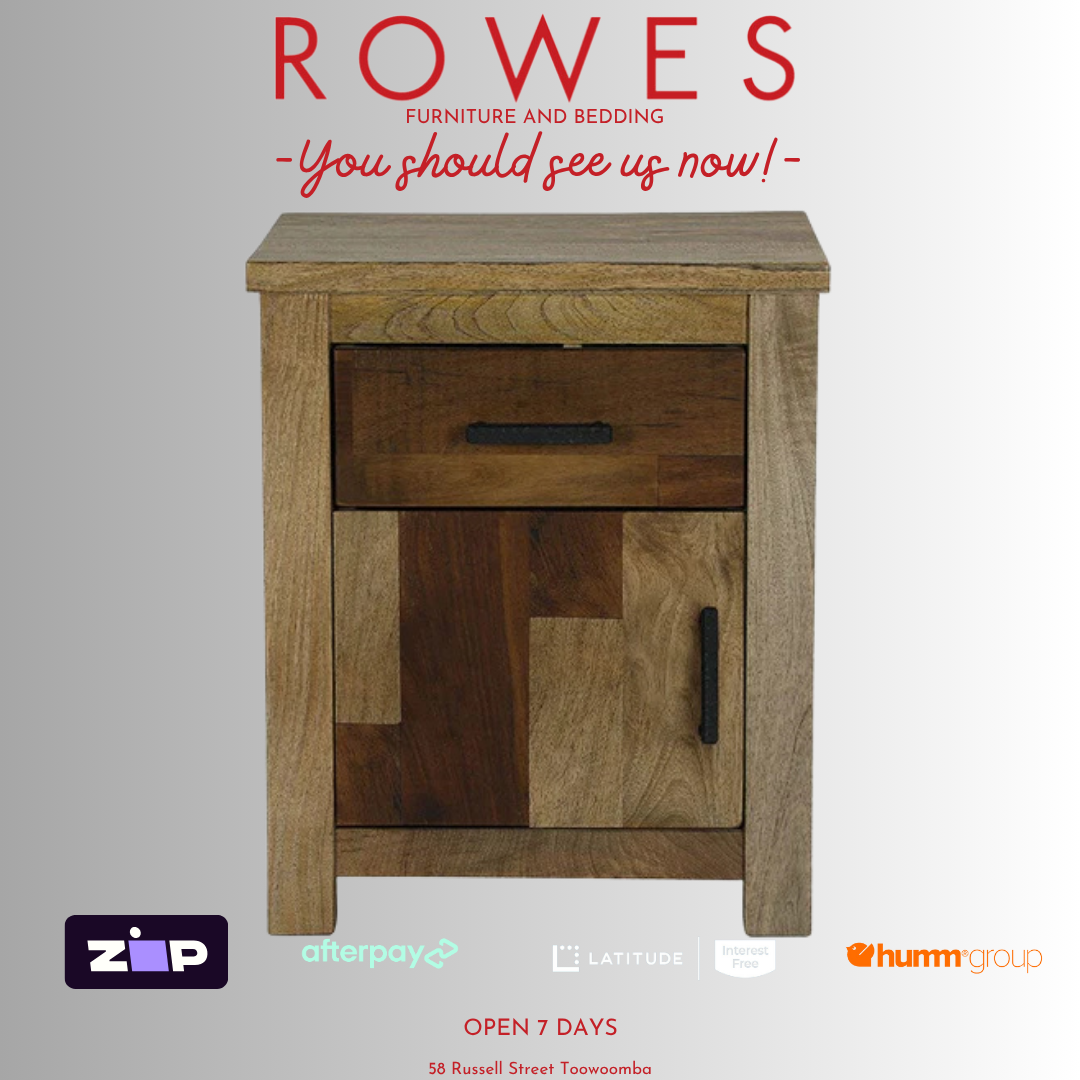 Wooden side table with 'Rowes Furniture and Bedding' text and logos on a white background