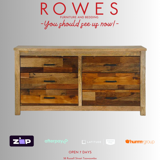 Wooden dresser with 'Rowes Furniture and Bedding' text and payment logos on a gray background