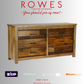 Wooden dresser with 'Rowes Furniture and Bedding' text and logos on a gray background