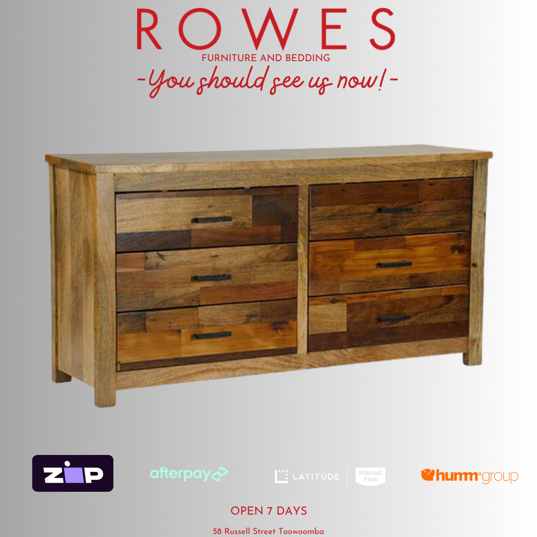 Wooden dresser with 'Rowes Furniture and Bedding' text and logos on a gray background