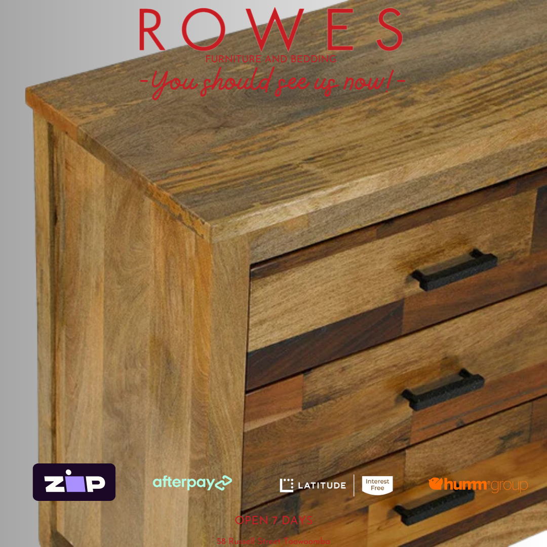 Wooden dresser with 'Rowes' branding and payment options displayed.
