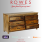 Wooden dresser with 'Rowes Furniture and Bedding' text and logos on a gray background