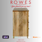Wooden cabinet with 'Rowes' branding and promotional text on a gray background