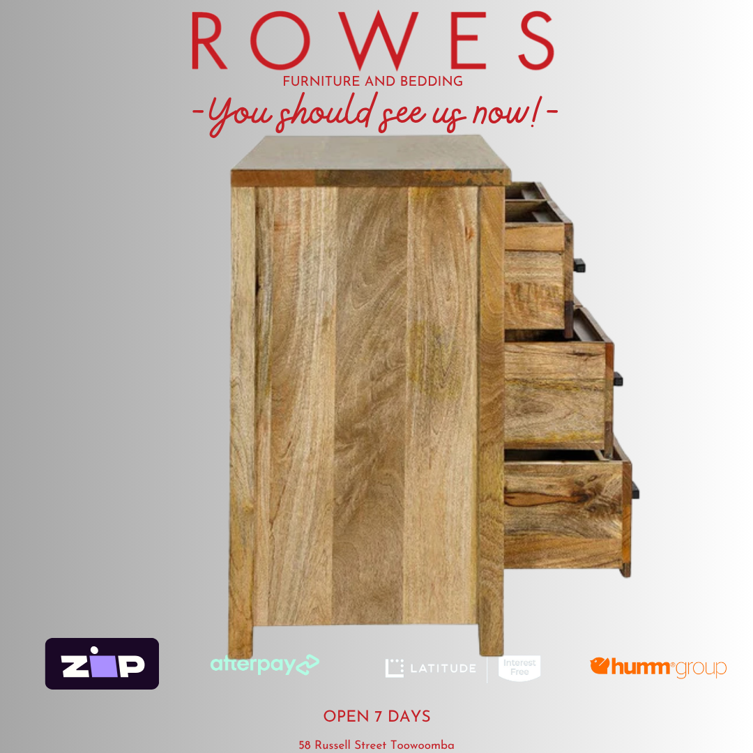 Wooden dresser with 'Rowes' branding and payment options on a gray background