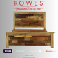 Wooden bed frame with 'Rowes Furniture and Bedding' text and logos on a gray background