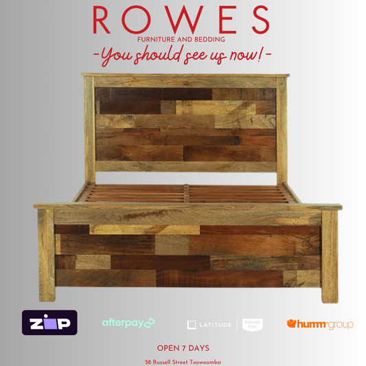 Wooden bed frame with 'Rowes Furniture and Bedding' text and logos on a gray background