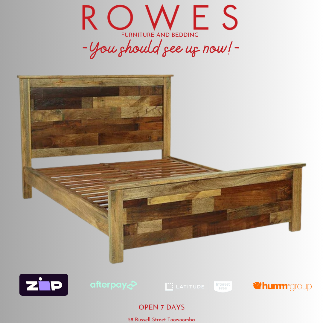 Wooden bed frame with 'Rowes Furniture and Bedding' branding on a gray background