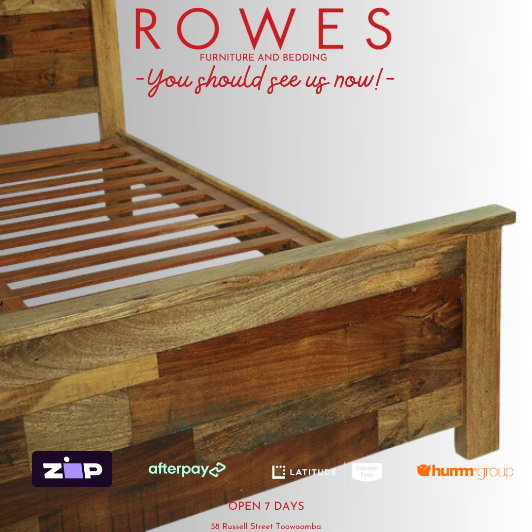 Wooden bed frame with 'Rowes Furniture and Bedding' advertisement on a white background