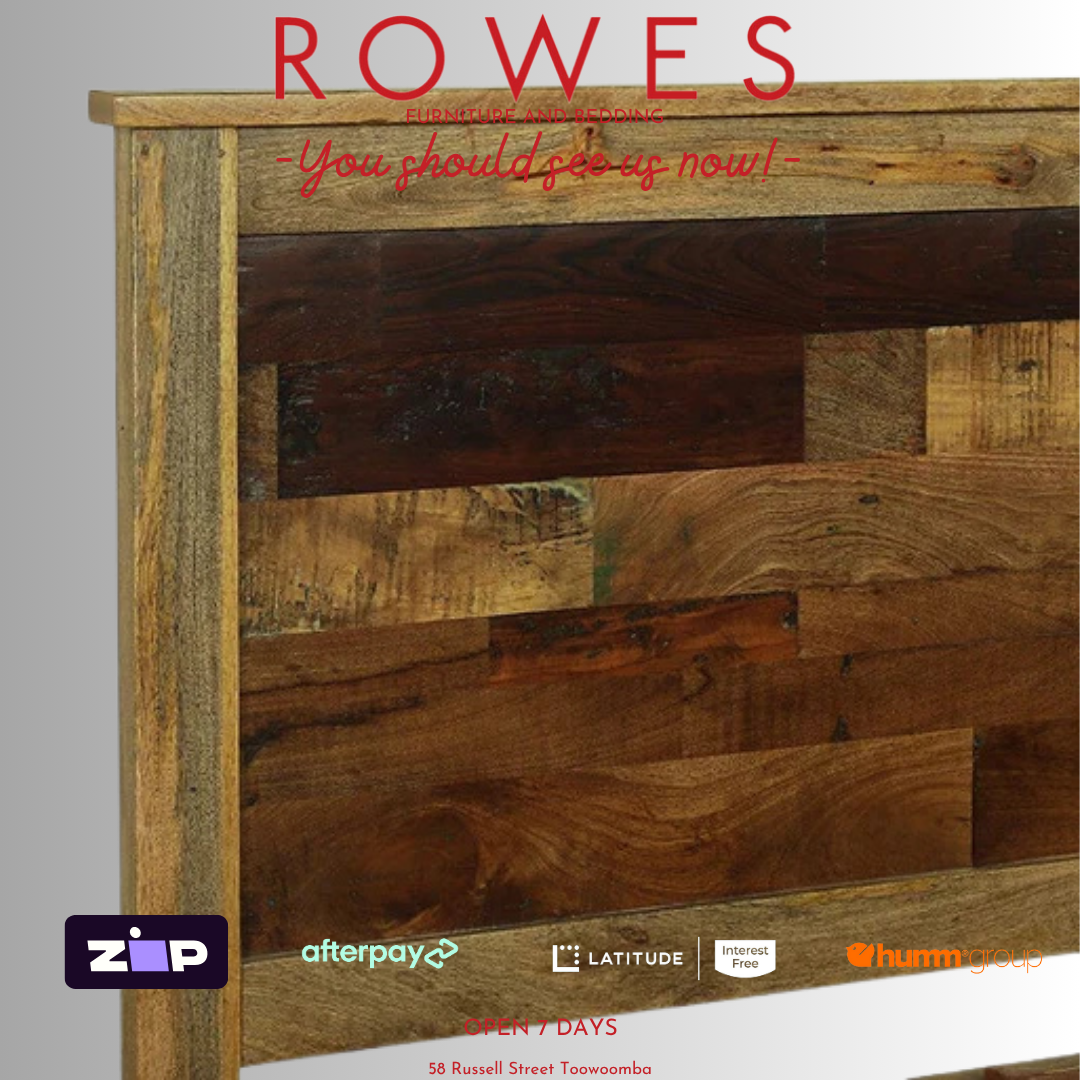 Wooden headboard with 'Rowes' branding and payment options on a gray background