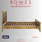 Wooden bed frame on a gray background with promotional text and logos.