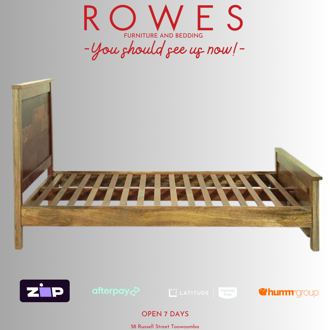 Wooden bed frame on a gray background with promotional text and logos.