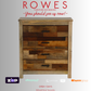 Wooden chest of drawers with 'Rowes Furniture and Bedding' text and logos on a gray background