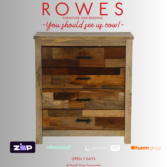 Wooden chest of drawers with 'Rowes Furniture and Bedding' text and logos on a gray background