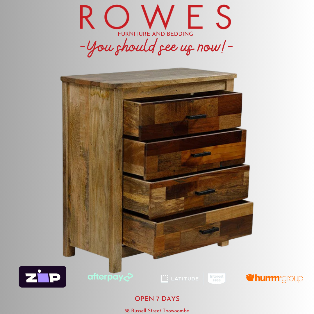 Wooden dresser with 'Rowes Furniture and Bedding' text and logos on a gray background