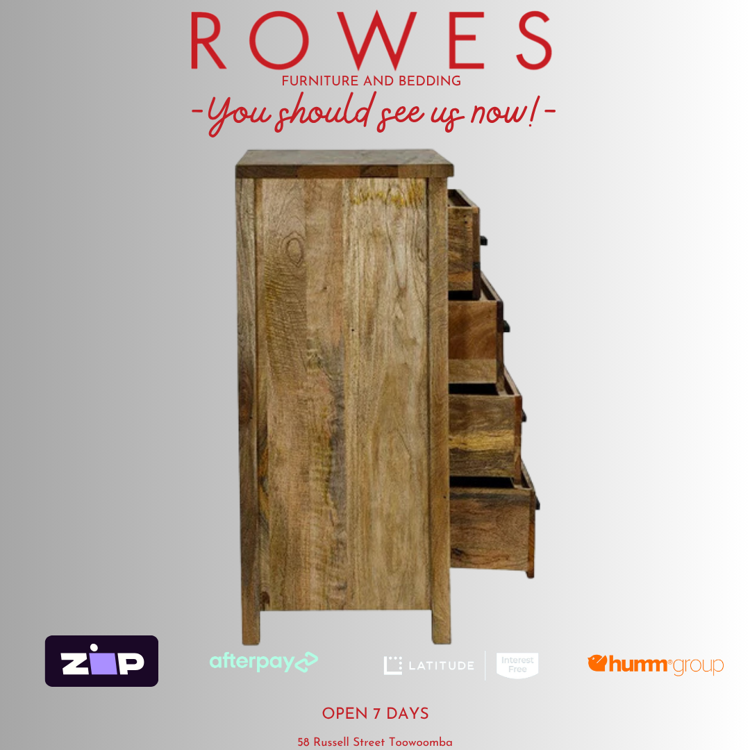 Wooden dresser with 'ROWES' branding and promotional text on a gray background