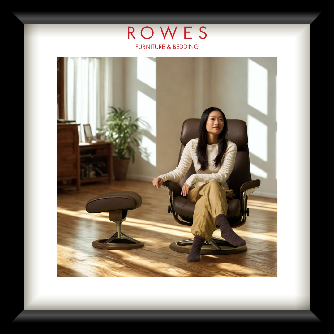 Woman sitting in a brown chair with a 'Rowes Furniture & Bedding' logo above.