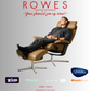 Man relaxing in a Stressless chair with 'Rowes Furniture and Bedding' advertisement.