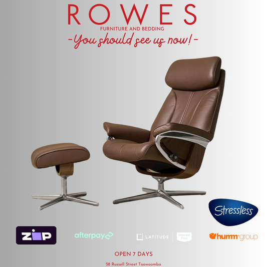 Brown leather chair and ottoman with 'Rowes' branding and 'Stressless' logo on a gray background.