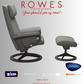 Gray recliner chair and ottoman with 'Rowes' branding and promotional text on a light gray background.