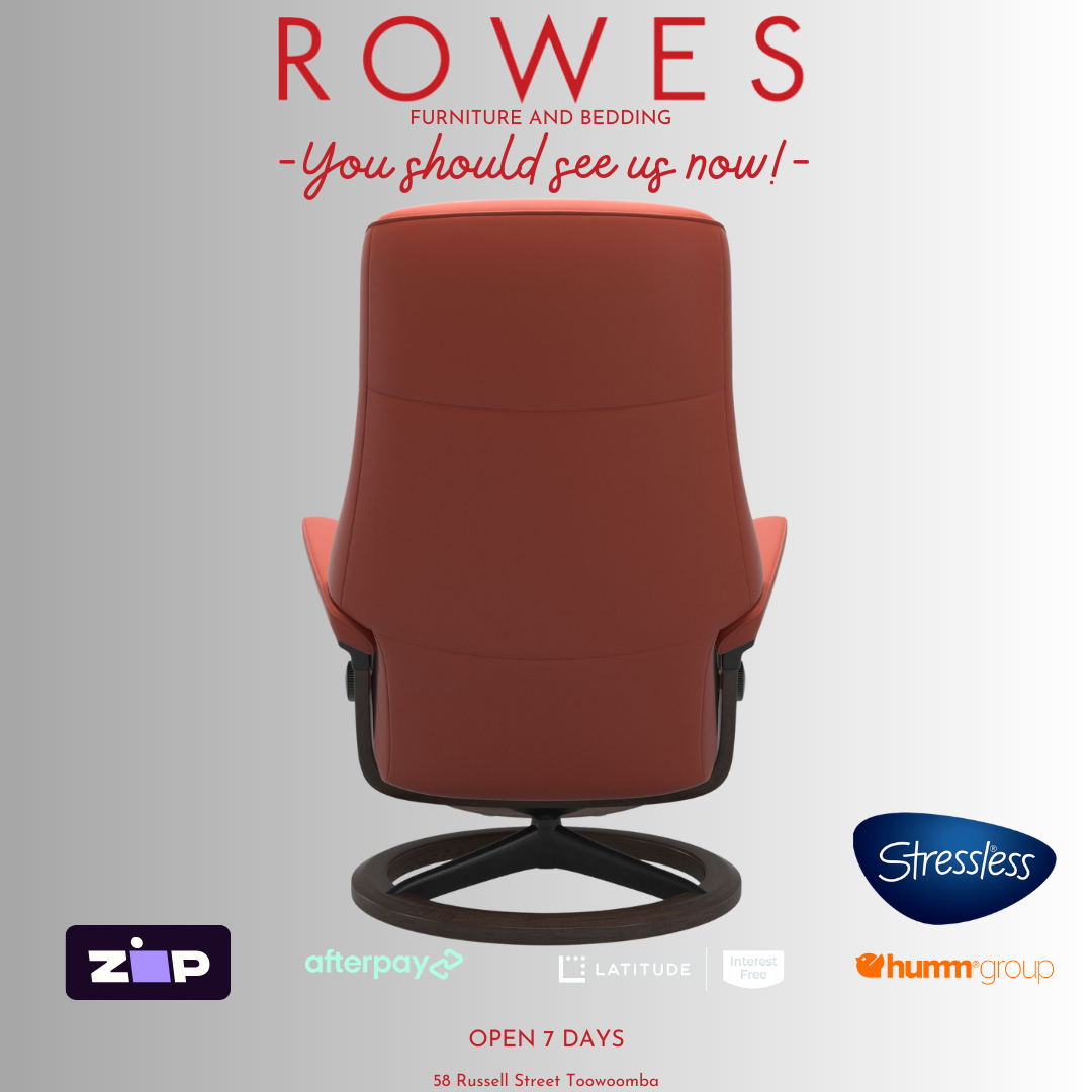 Brown chair with 'Rowes' branding and promotional text on a gray background