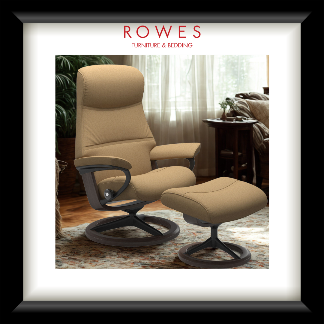 Beige recliner chair with ottoman in a living room setting, featuring Rowes Furniture & Bedding logo.