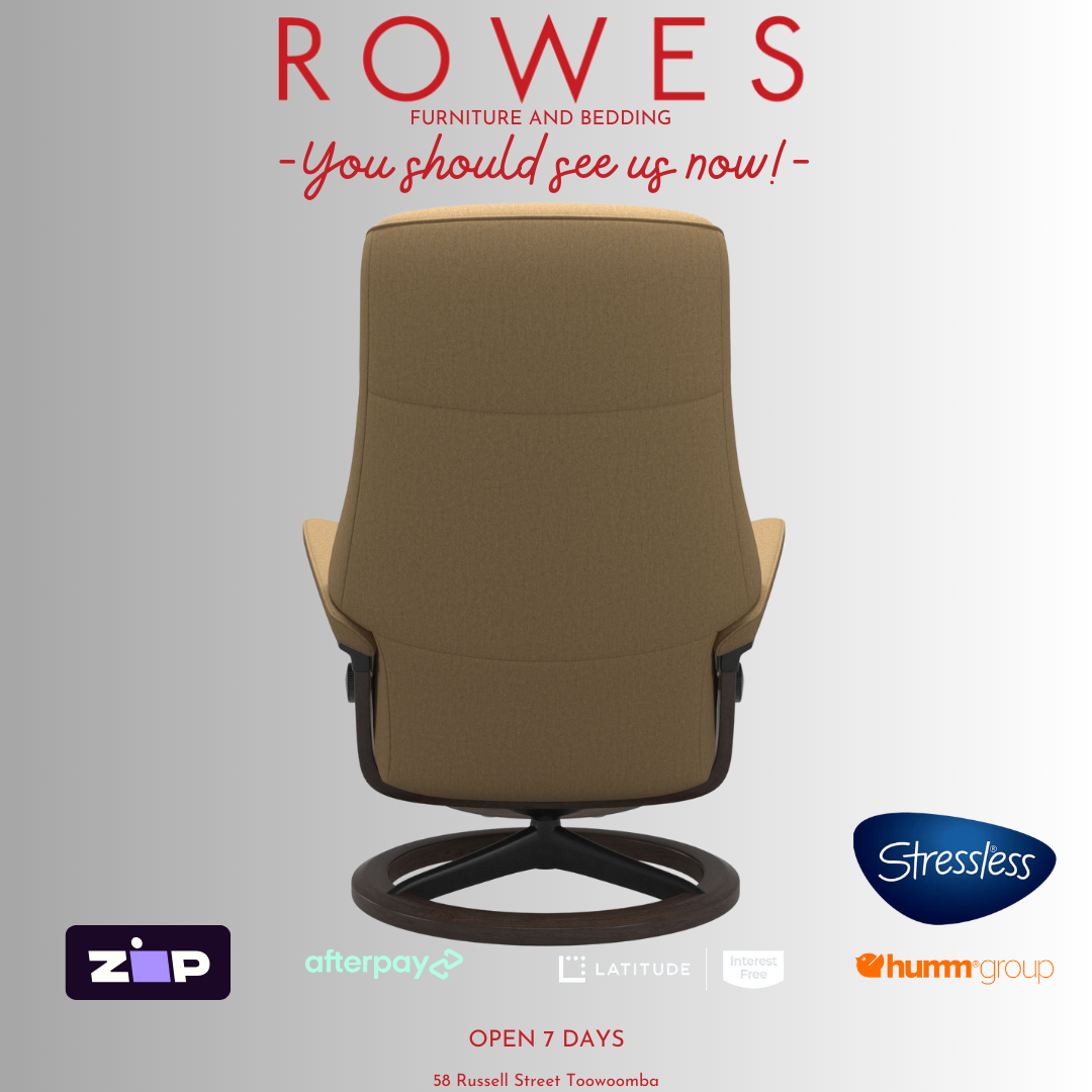 Brown chair with 'Rowes' branding and promotional text on a gray background