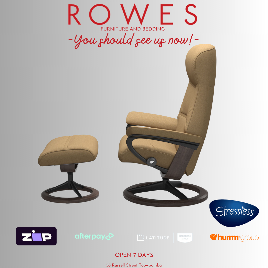 Beige recliner chair with footstool on a gray background, featuring 'Rowes' furniture and bedding brand.