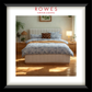 A bedroom scene featuring a large, plush bed with a fabric bedhead and foot, bedsides on a timber floor. The Rowes Furniture logo features.