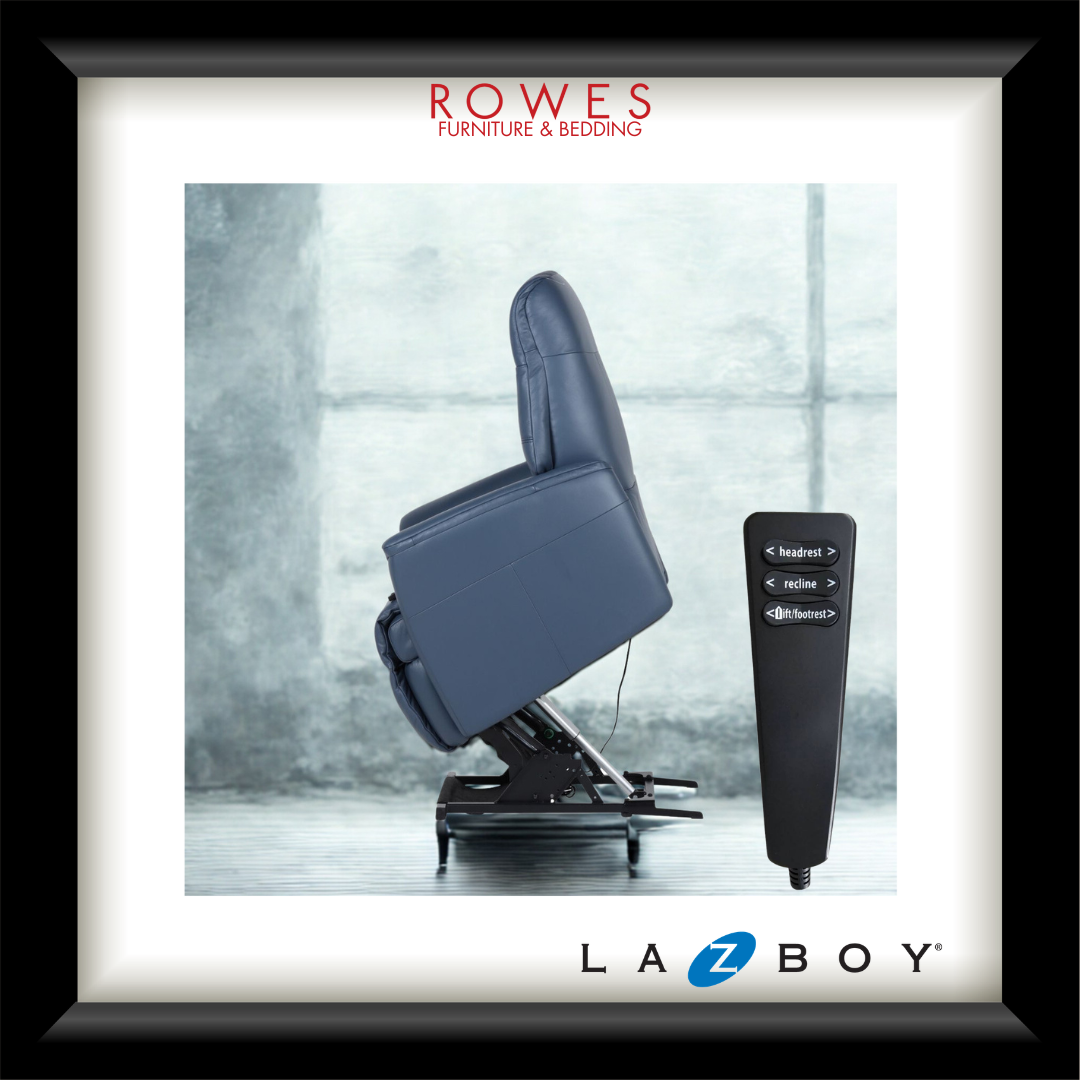 Blue recliner chair with remote control on a gray background, featuring Rowes Furniture & Bedding and La-Z-Boy logos.