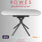White round table with black legs on a gray background, featuring promotional text and logos.