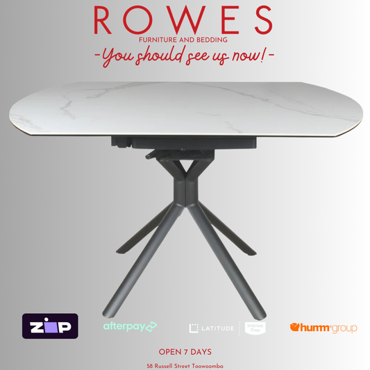 White round table with black legs on a gray background, featuring promotional text and logos.