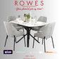 Dining table set with chairs and tableware on a gray background, featuring 'Rowes' furniture and bedding brand.