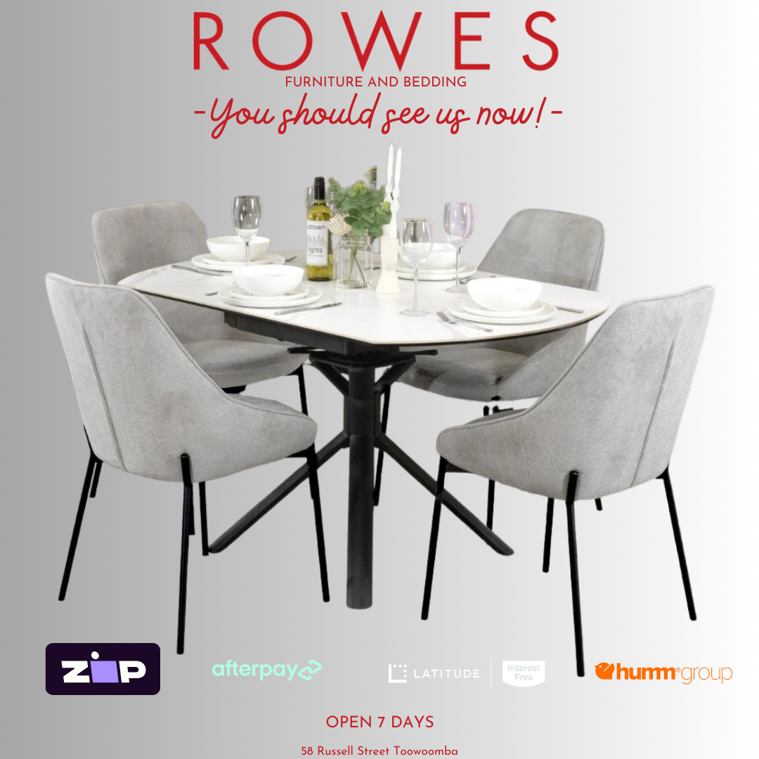 Dining table set with chairs and tableware on a gray background, featuring 'Rowes' furniture and bedding brand.