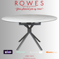 Round table with gray legs on a white background, featuring the 'Rowes' brand.