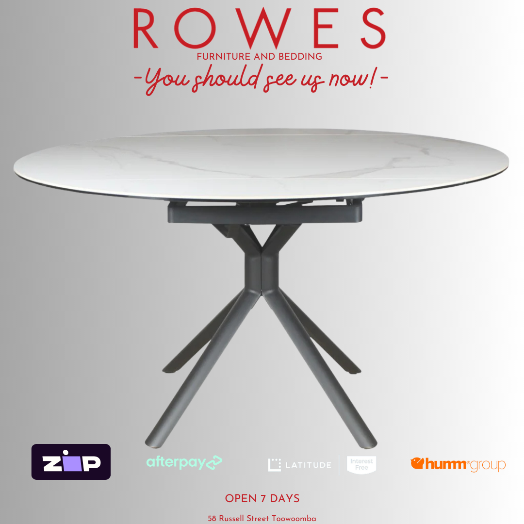 Round table with gray legs on a white background, featuring the 'Rowes' brand.