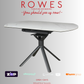 Modern dining table with 'Rowes Furniture and Bedding' branding and payment options on a gray background.