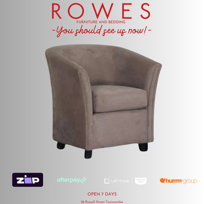 A fabric armchair with classic piping on a grey background featuring the Rowes branding.