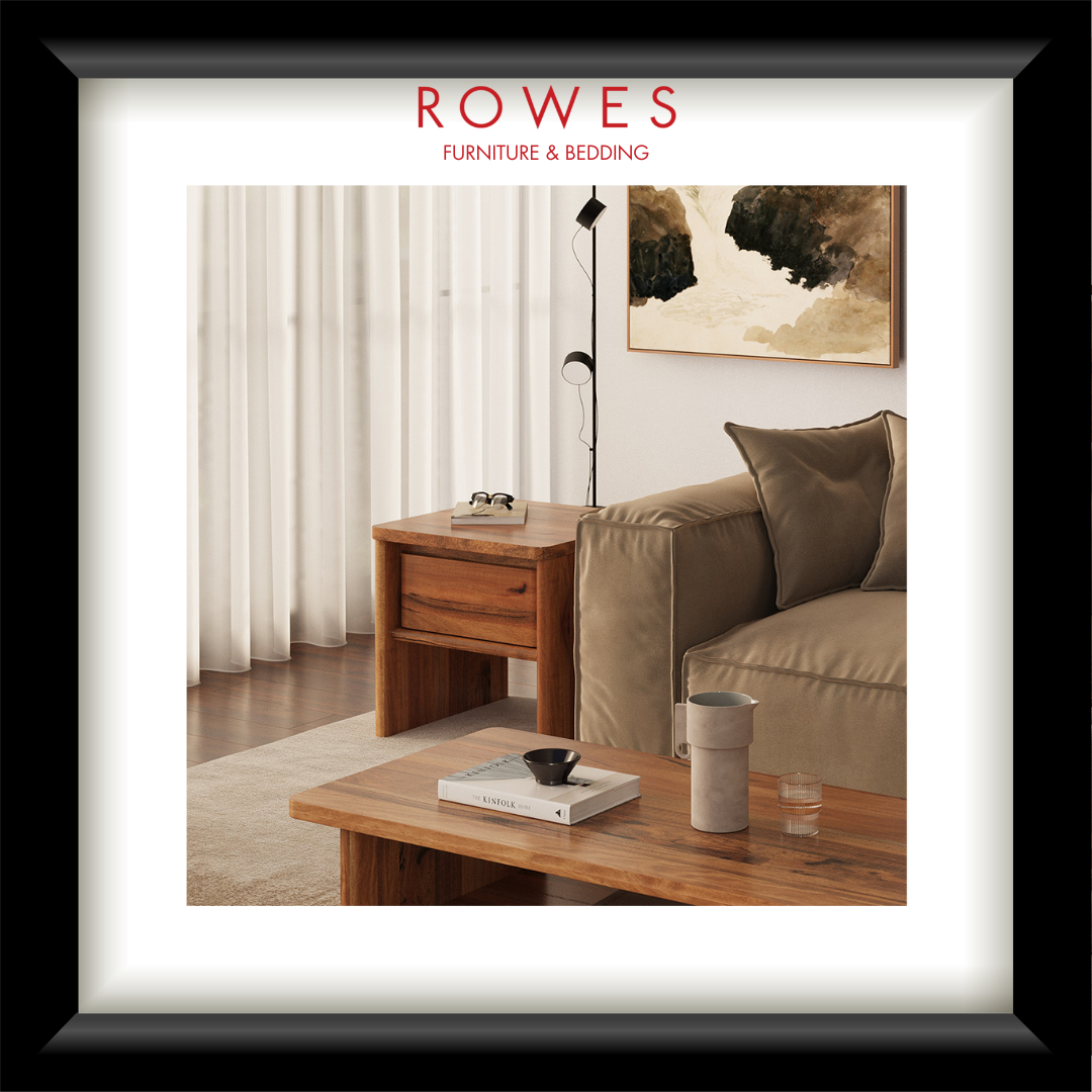 Living room with wooden furniture and 'Rowes Furniture & Bedding' branding.