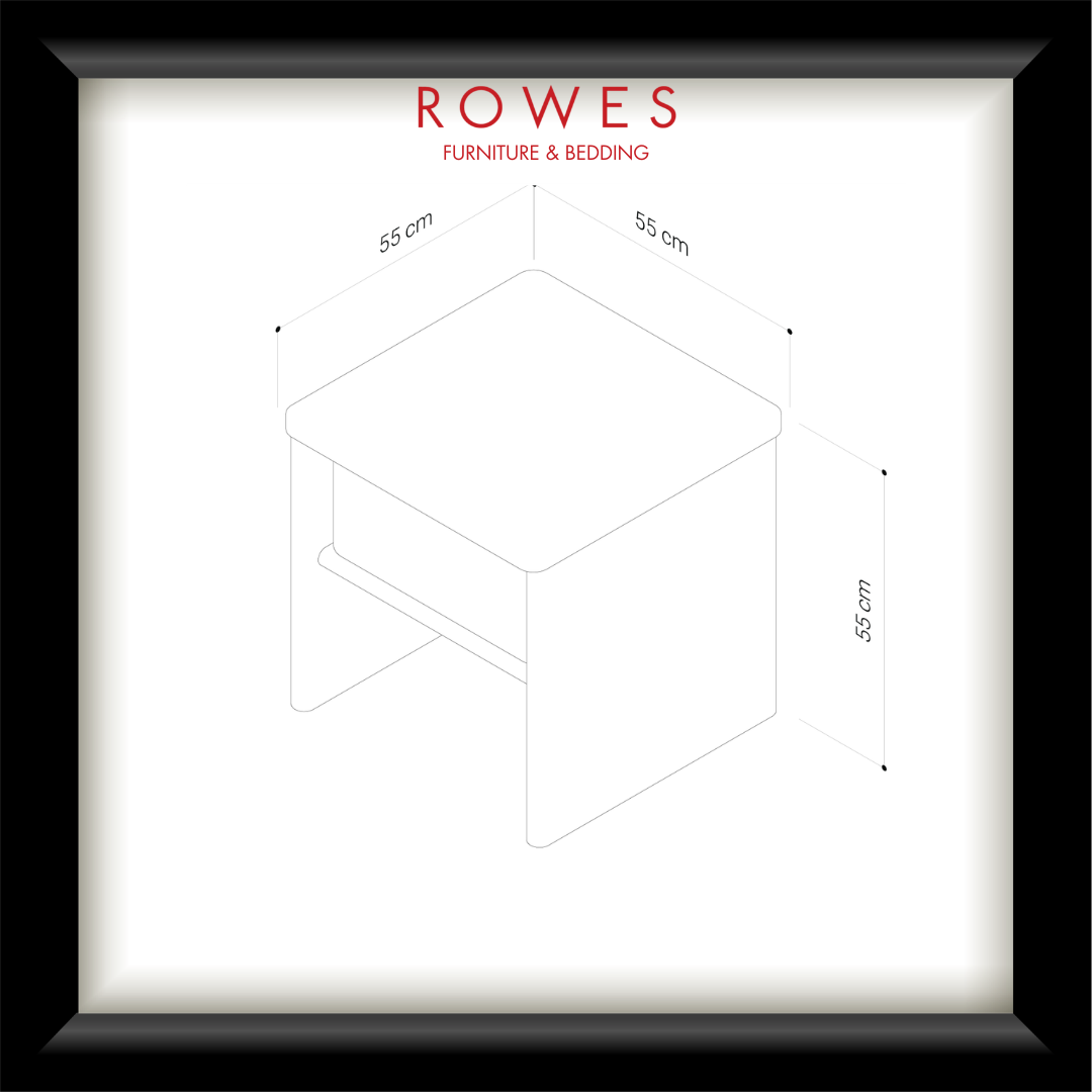 Framed diagram of a cube with dimensions, branded as Rowes Furniture & Bedding.