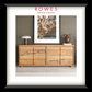 Wooden sideboard with decorative items against a wall, featuring Rowes Furniture & Bedding logo.